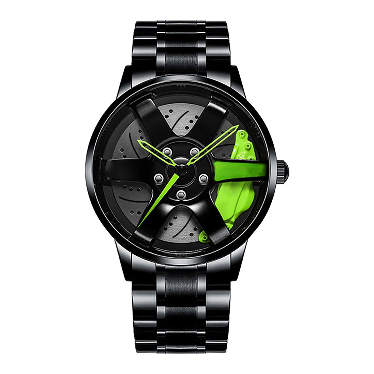 Business Luxury Quartz Watch Car Sport Rim Automatic Movement Round Dial Clock Watches Machinery Men Sport Watch Peaceful Pleasures Health and Wellness A Green Steel Strip