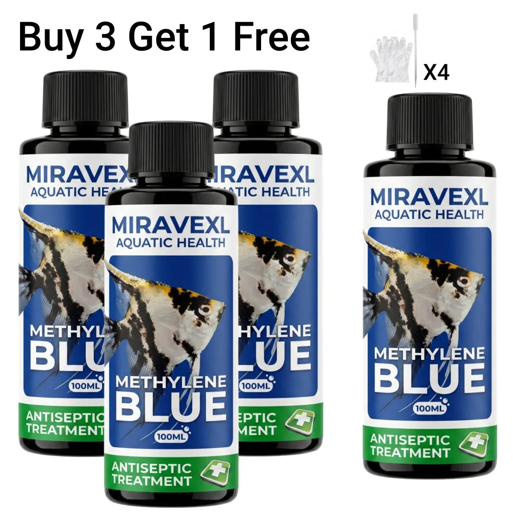 MIRAVEXL 100ml Methylene Blue Aquarium Fish Antiseptic Treatment Fungus Ich Parasite Cure Water Care Drops Pipette Gloves Set Peaceful Pleasures Health and Wellness 4PCS