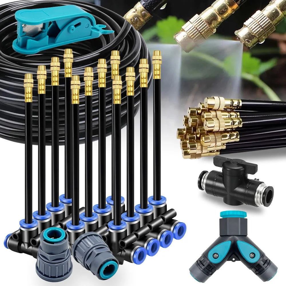 20-5m 3/8" 9/12mm Misting Cooling System Garden Irrigation 80mesh Filter 360° Free-bend Brass Nozzle Adjustable Atomizer Sprayer Peaceful Pleasures Health and Wellness