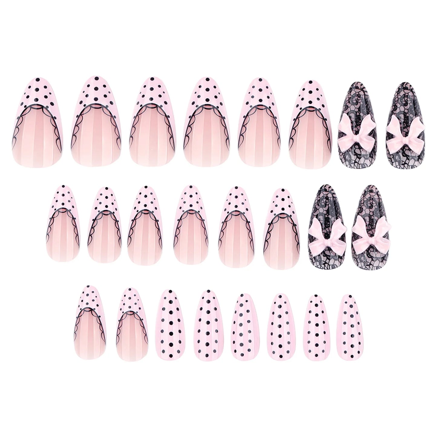 24pc Almond Press On Nails – French Black Polka Dot & 3D Pink Bow