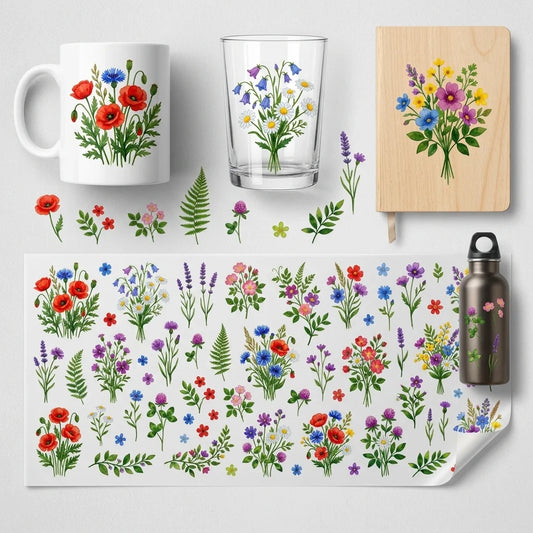 Watercolor Wildflower UV Transfer Stickers | Floral Rub-On Decals Craft Rub-On Decals Peaceful Pleasures Health and Wellness