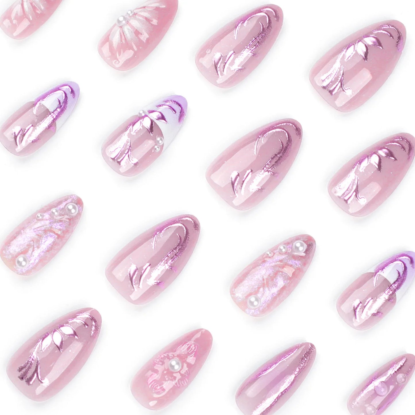 24pcs 3D Flower Press On Nails | Purple Aurora Almond Shape