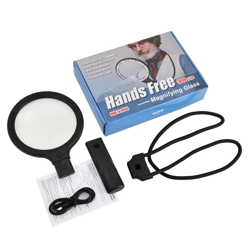 5X 10X Charging Magnifier 30Led Neck Hanging Handheld Head Mounted Desktop Reading and Repairing Magnifying Glass Peaceful Pleasures Health and Wellness