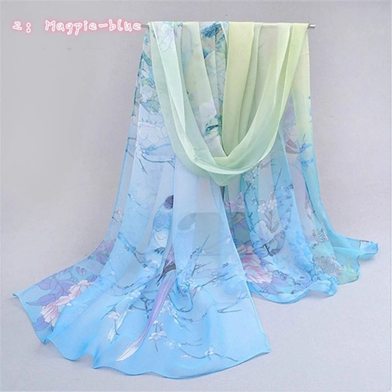 Women Chiffon Scarf Fashion Leisure Butterflies Branch Pattern Long Shawl Versatile Elegant Minimalist Retro Female Scarves Peaceful Pleasures Health and Wellness Magpie Blue One Size