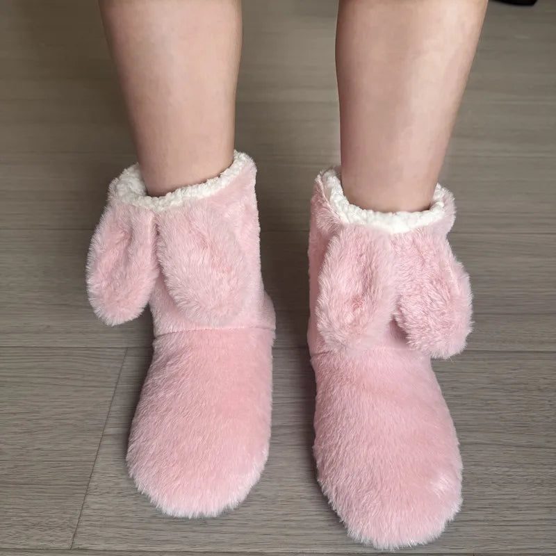 Women's Rabbit Ear Fuzzy Plush Slipper Boots | Warm Indoor Shoes
