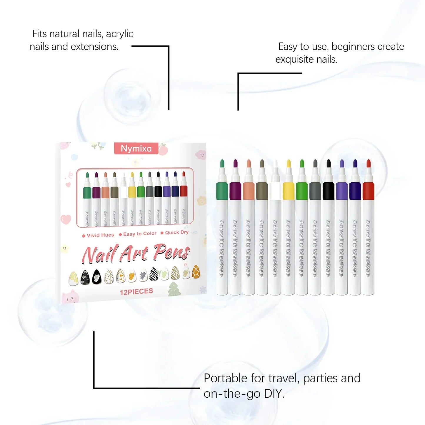 12-Piece Multicolor Nail Art Pen Set – Waterproof DIY Manicure