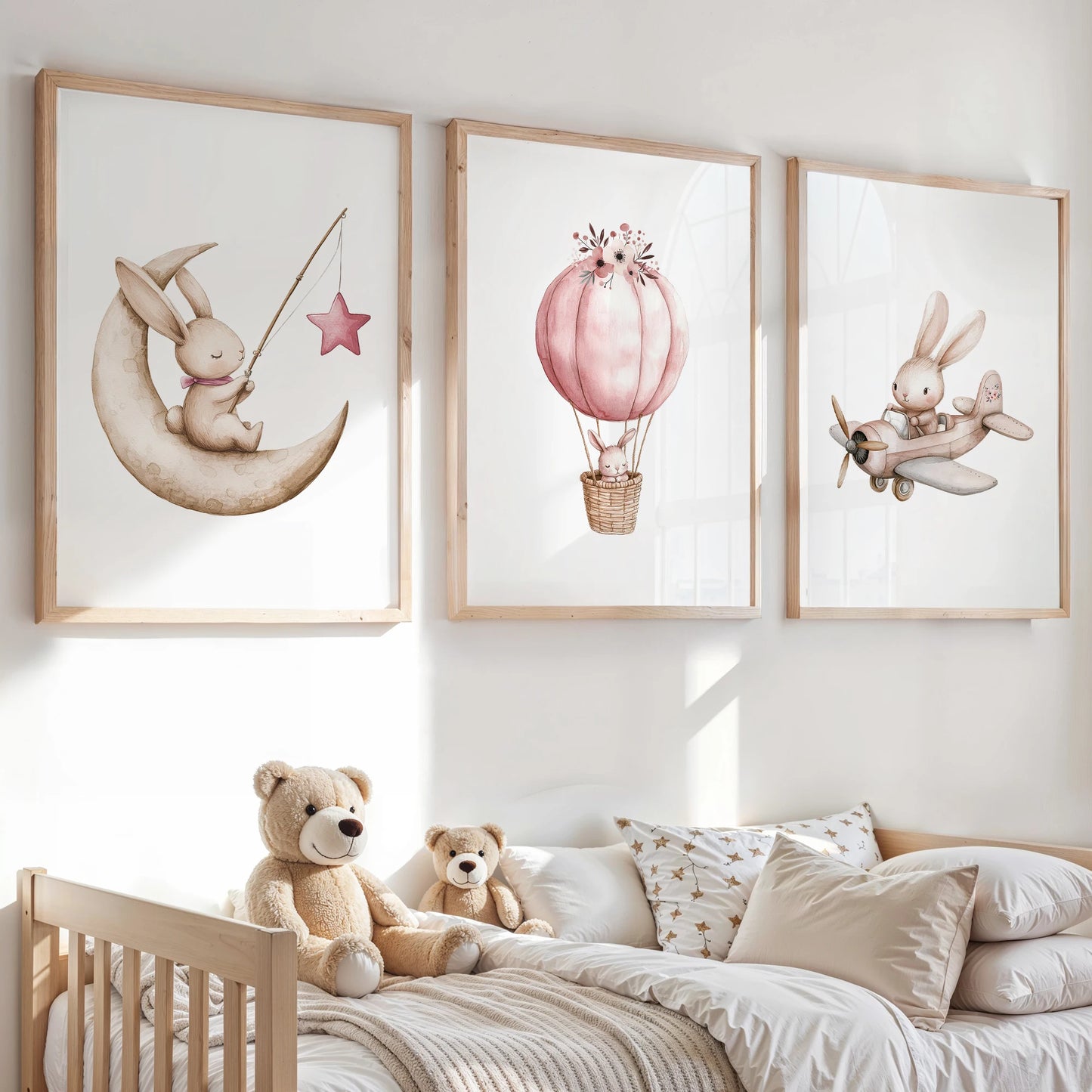 3-Piece Rabbit Hot Air Balloon Canvas Wall Art Print Set Canvas Wall Art Set Peaceful Pleasures Health and Wellness