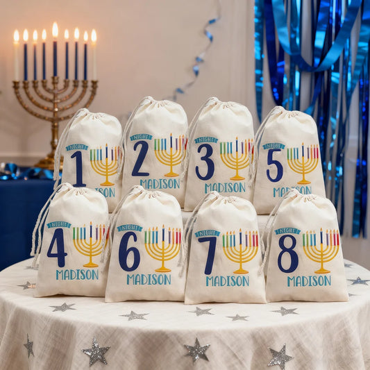 Personalized 8-Piece Hanukkah Countdown Gift Bag Set | 8 Nights Holiday Gift Bag Set Peaceful Pleasures Health and Wellness