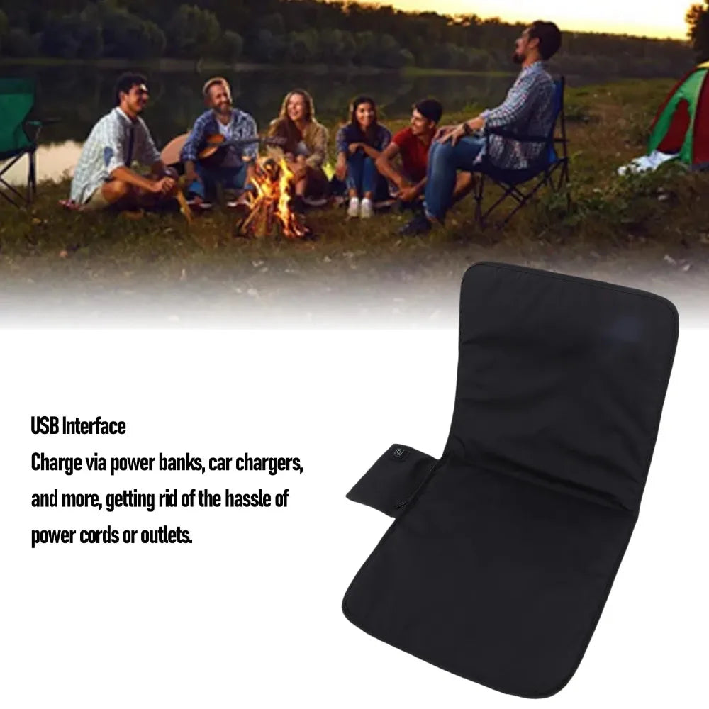 Heated Seat Cushion Black USB Pad 3 Heat Settings Outdoor Camping