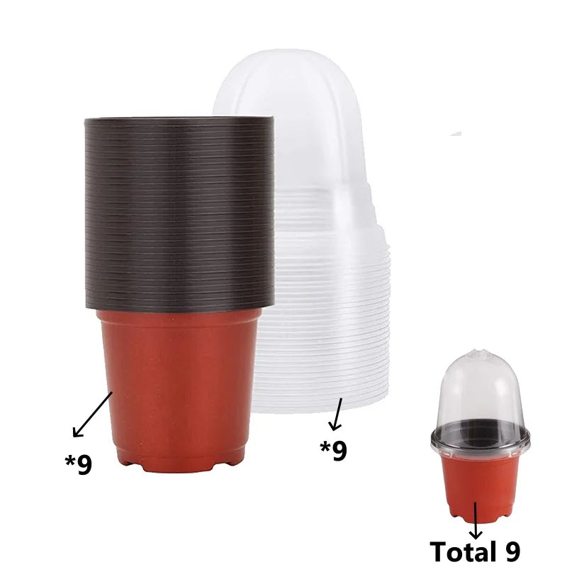 18Pcs(9 Pots+9 Lids) Plant Nursery Pots with Humidity Dome Soft Transparent Plastic Gardening Pot Planting Containers Planter Peaceful Pleasures Health and Wellness (9 Pots 9 Lids)