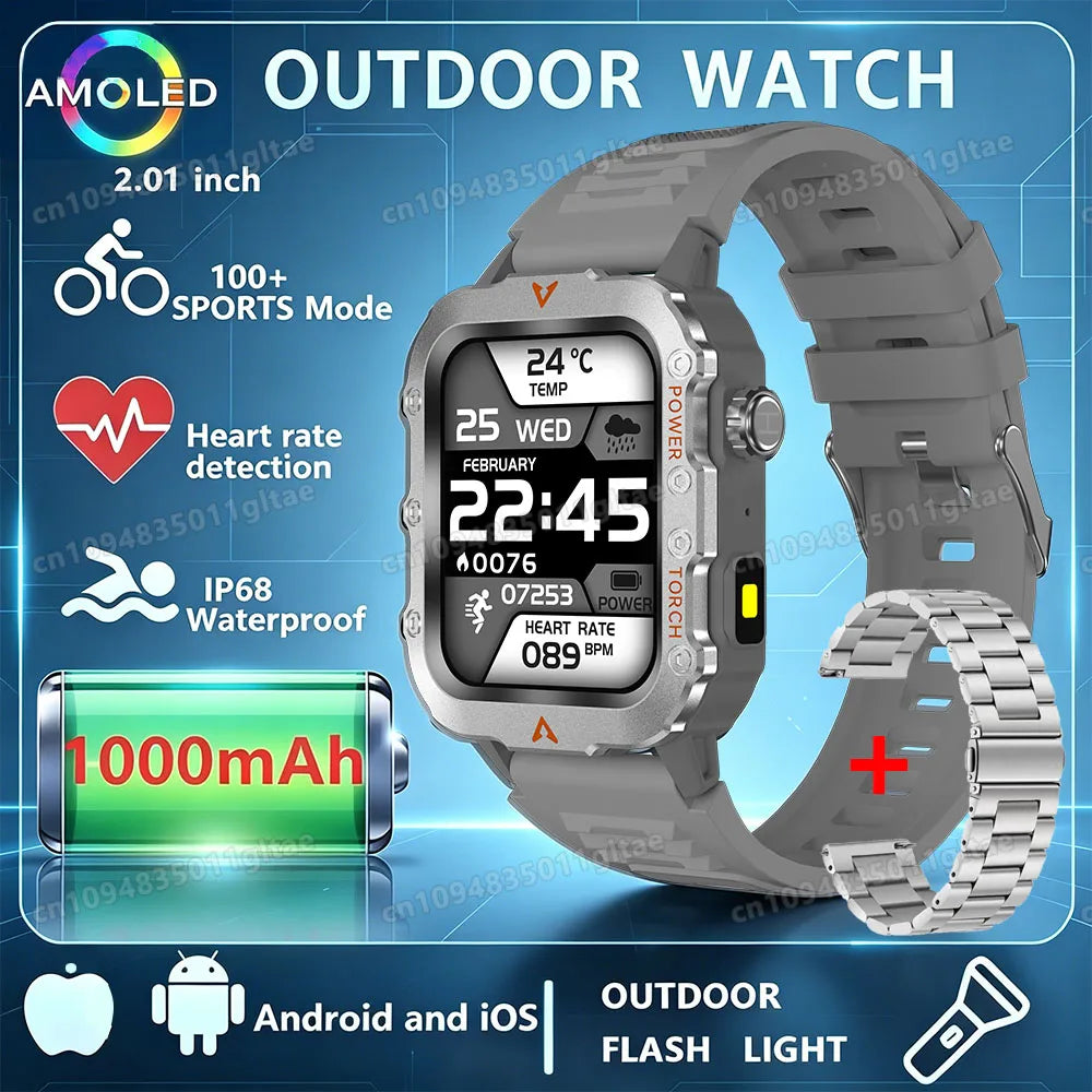 2026 New Military Outdoor Smart Watch Men's GPS Flashlight Bluetooth Call 2.01" AMOLED Screen 3ATM Waterproof Sports Smartwatch Peaceful Pleasures Health and Wellness Silver22Szstrap Smartwatch