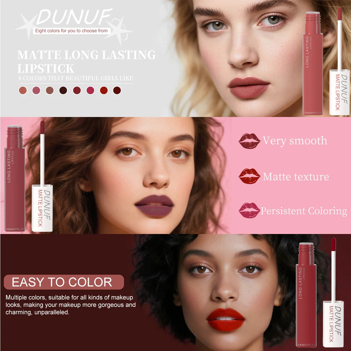 DUNUF 8-Piece Matte Lipstick Set – Waterproof Long-Lasting Nudes