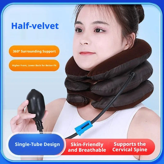 3-Layer Inflatable Neck Traction Pillow Half Velvet Single Tube Cervical Support Brace Adjustable Neck Stretcher for Neck Pain Peaceful Pleasures Health and Wellness