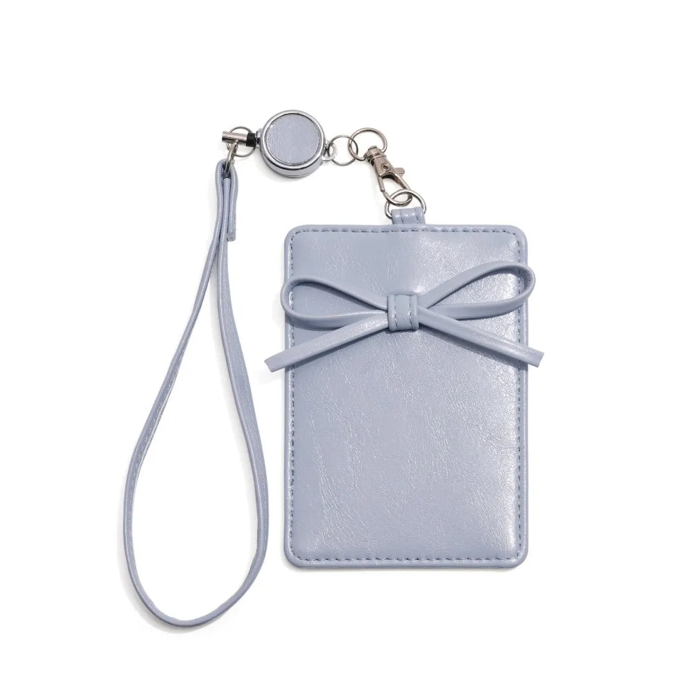 PU Leather Bow Leather Card Holder Bowknot Name Tag Work Card Cover Scalable Retractable Bus ID Holders Men Women Peaceful Pleasures Health and Wellness Light Blue