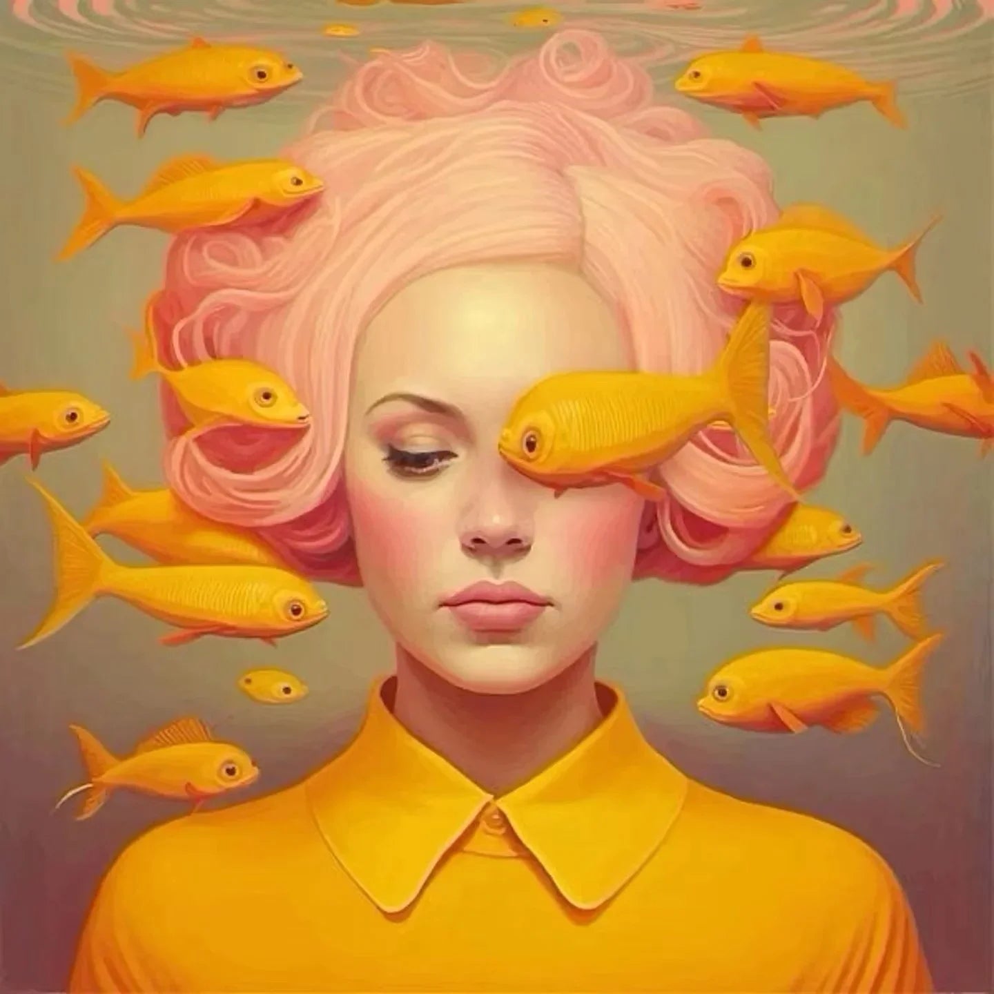 Surrealism Woman & Fish Canvas Wall Art | Fantasy Portrait Print