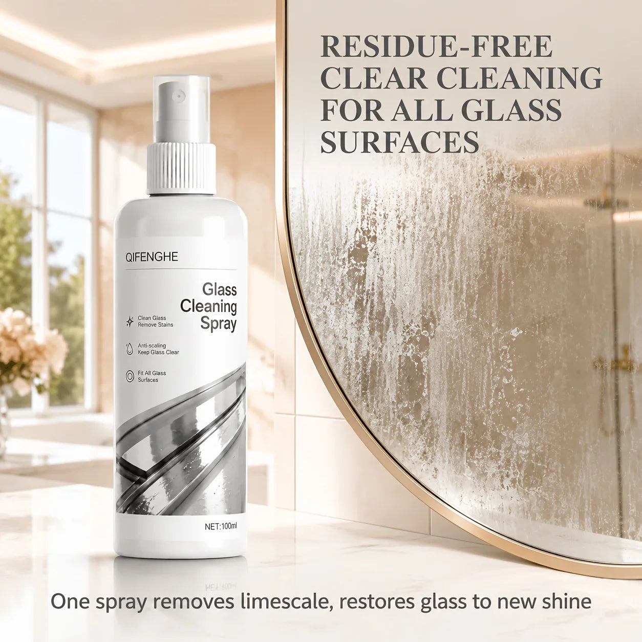 QIFENGHE Glass Cleaner Spray – Mirror, Shower & Tile