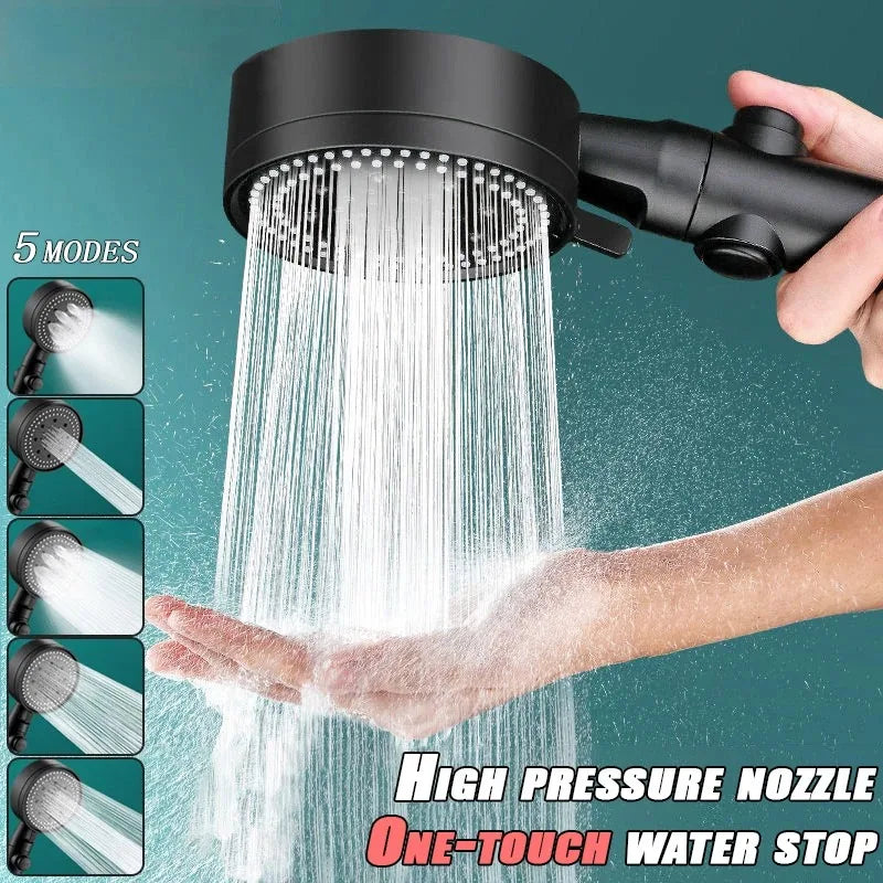 5-Mode High-Pressure Handheld Shower Head with Hose & Stop