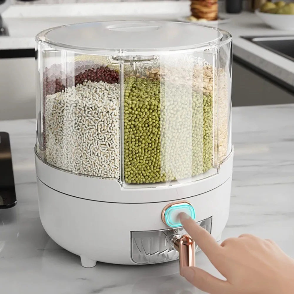 Rotating 6-Grid Rice Dispenser, Airtight Grain Storage Container Large Capacity Kitchen Food Canister for Cereal, Beans Peaceful Pleasures Health and Wellness Medium