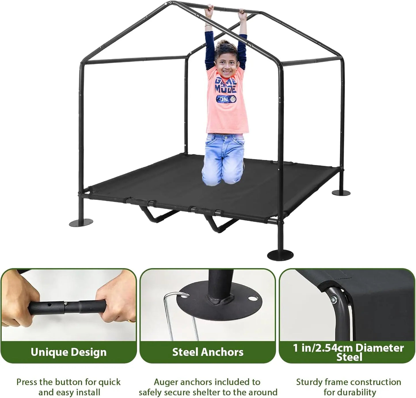 Child playing on a trampoline with safety net, featuring product details and assembly instructions.