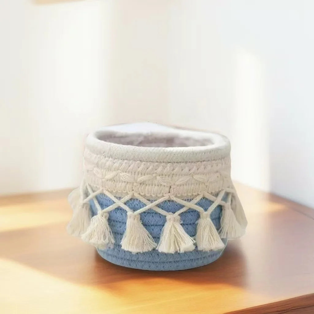 New Tassel Style Makeup Brush Holder Desktop Cotton Rope Compiled Storage Box For Cosmetic Storage Basket Cosmetic Organizer Box Peaceful Pleasures Health and Wellness Blue 12 10cm