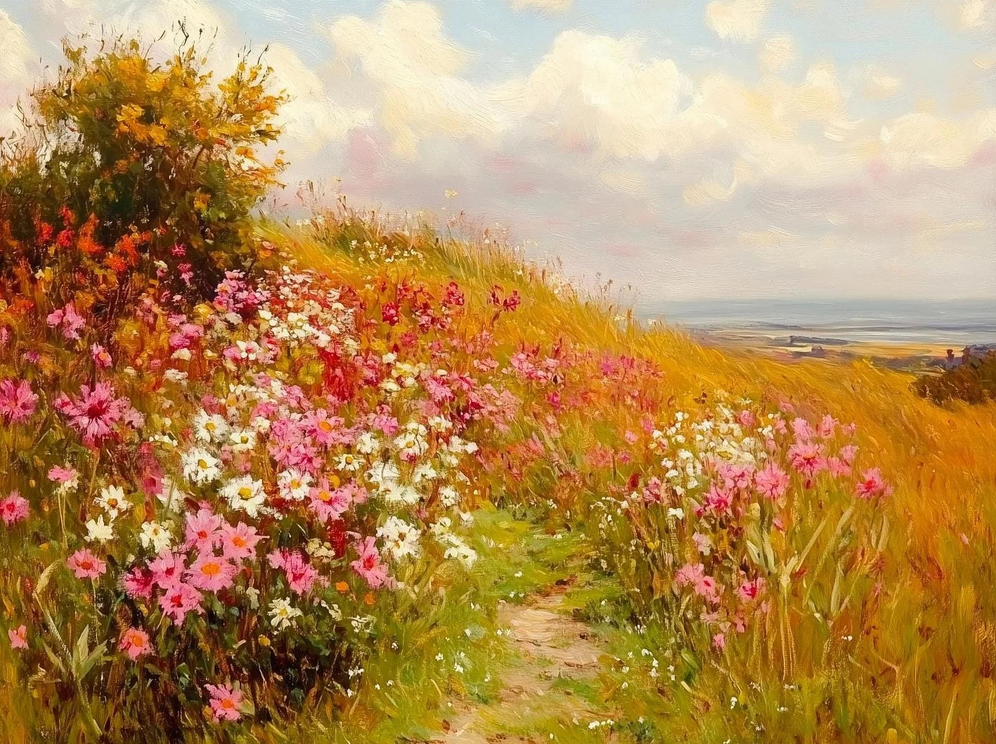 Wildflower Field Landscape Oil Poster Vintage Rustic Moody Autumn Country Scenery Canvas Painting Wall Art for Room Home Deco Peaceful Pleasures Health and Wellness 15 20x30cm Unframed
