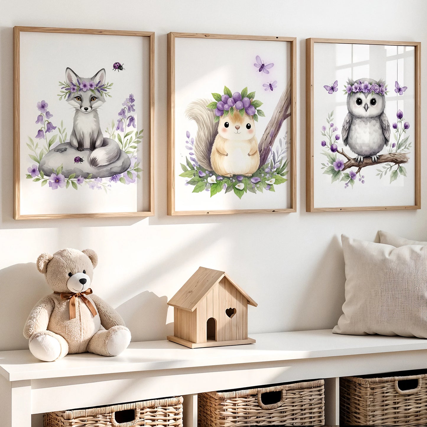 3-Piece Fox Squirrel Owl Purple Canvas Wall Art for Kids Room