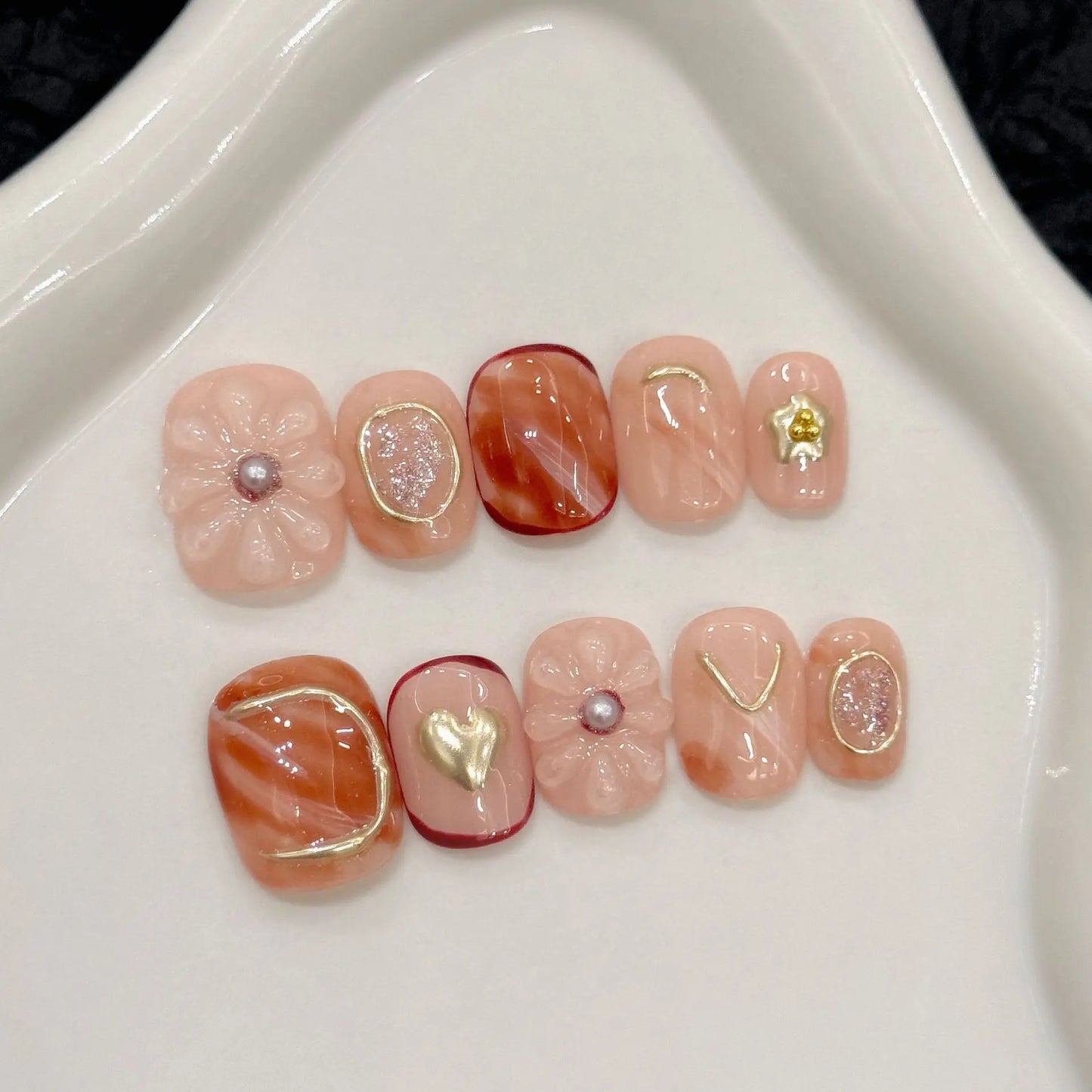 10pcs Handmade Short Press on Nails Color 3D Flower Design Fake Nails for Women Girl Wearable Sweet Cute Korean False Nail Tips Peaceful Pleasures Health and Wellness XS 1