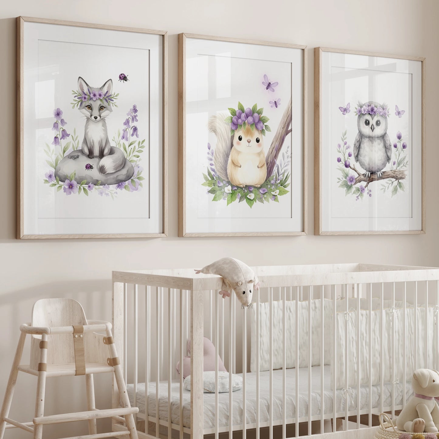 3-Piece Fox Squirrel Owl Purple Canvas Wall Art for Kids Room