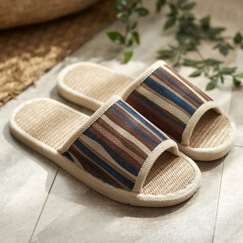 Men's Striped Linen Slippers | Non-Slip EVA Beach & Indoor