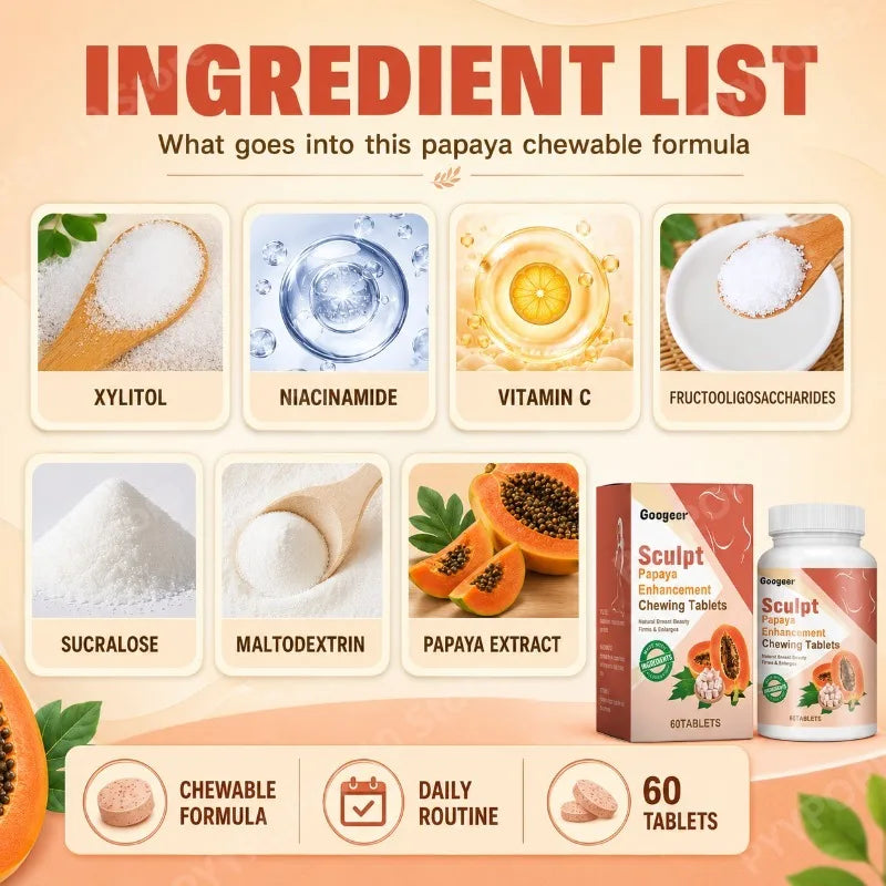 Googeer Papaya Chewing Tablets 60ct | Niacinamide & FOS