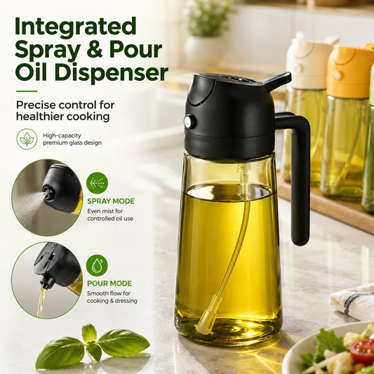 2-in-1 16oz 470ml Brown Glass Oil Sprayer Leakproof Eco-Friendly Olive OilDispenser Perfect for Cooking BBQ Grill Air Fryer Peaceful Pleasures Health and Wellness