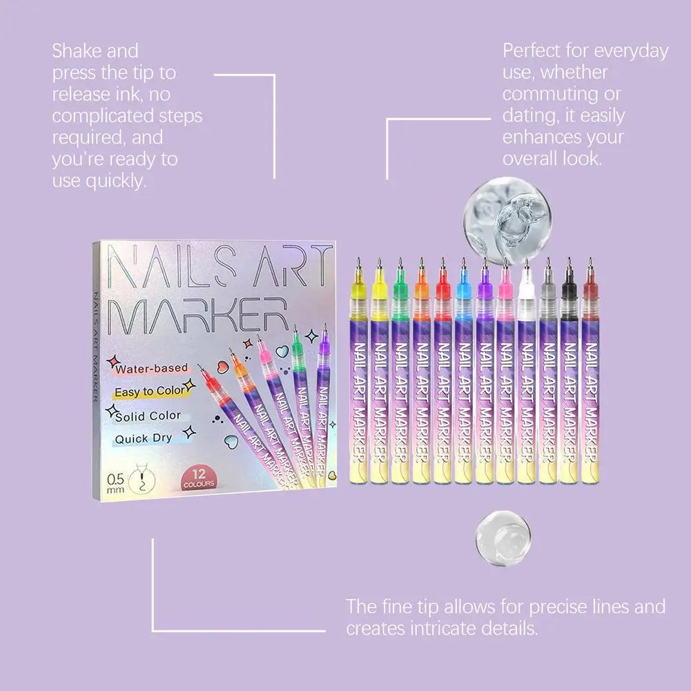12-Piece Nail Art Graffiti Pen Set – Waterproof Colour Markers