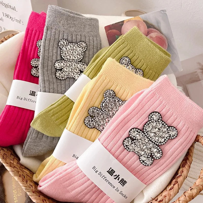 Diamond Cartoon Bear Decorative Socks, Fashionable Diamond Sparkling Women's Socks, Comfortable And Breathable Christmas Socks Peaceful Pleasures Health and Wellness