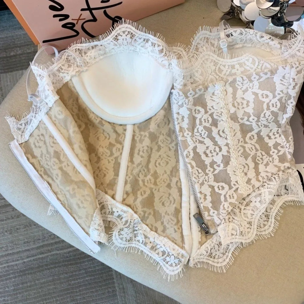 Lace Camisole Crop Top – Sheer Fishbone Suspender Vest Women