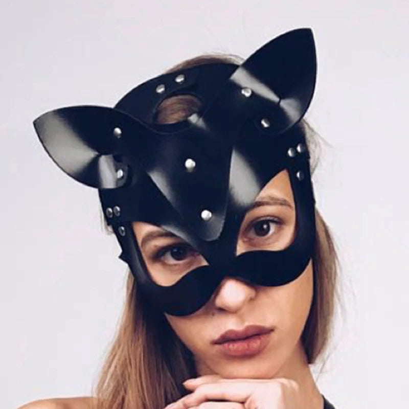 PU Leather Half Face Cat Fox Mask | Halloween Cosplay Party