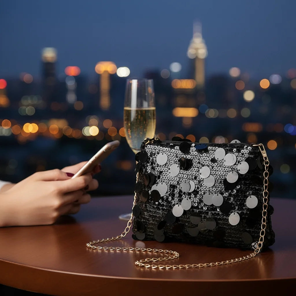 Women Sequins Crossbody Bag With Chain Strap And Colorful Patchwork Design Peaceful Pleasures Health and Wellness