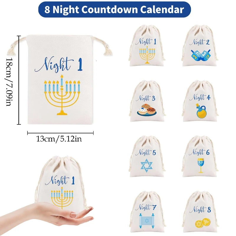 8-Night Hanukkah Countdown Advent Calendar Drawstring Gift Bags Holiday Gift Bags Peaceful Pleasures Health and Wellness