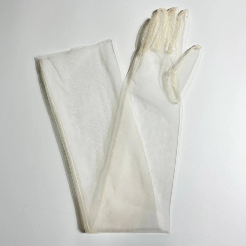 Women Ultra Tulle Gloves Mesh Sheers Full Finger Elbow Long Gloves Female Vintage Sunscreen Gloves Wedding Bride Dress Mittens Peaceful Pleasures Health and Wellness Champagne One Size