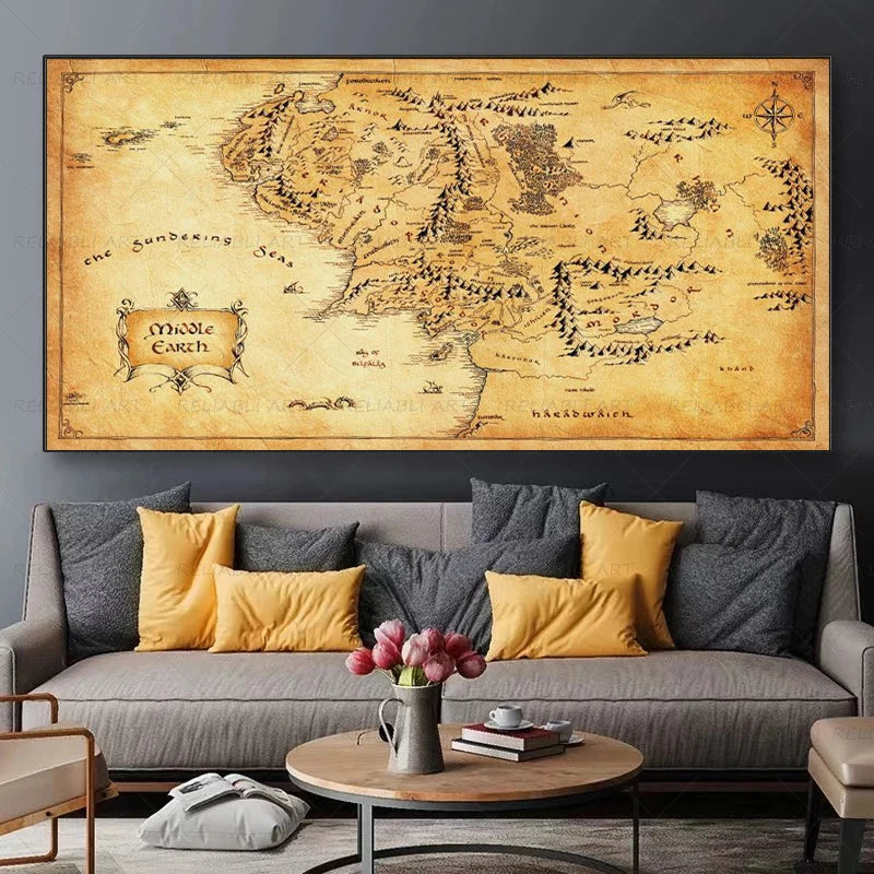 Map Canvas Painting Vintage Middle-earth Map Poster Movie Wall Art Pictures for Home Living Room Decor Unframed Pictures Peaceful Pleasures Health and Wellness