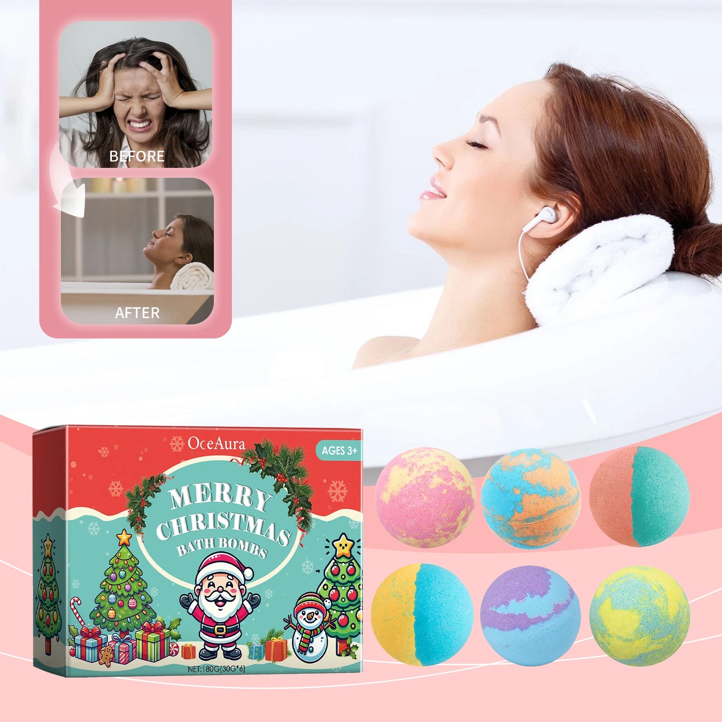 OceAura Christmas Bath Bombs 6-Pack | Plant-Based & Moisturizing