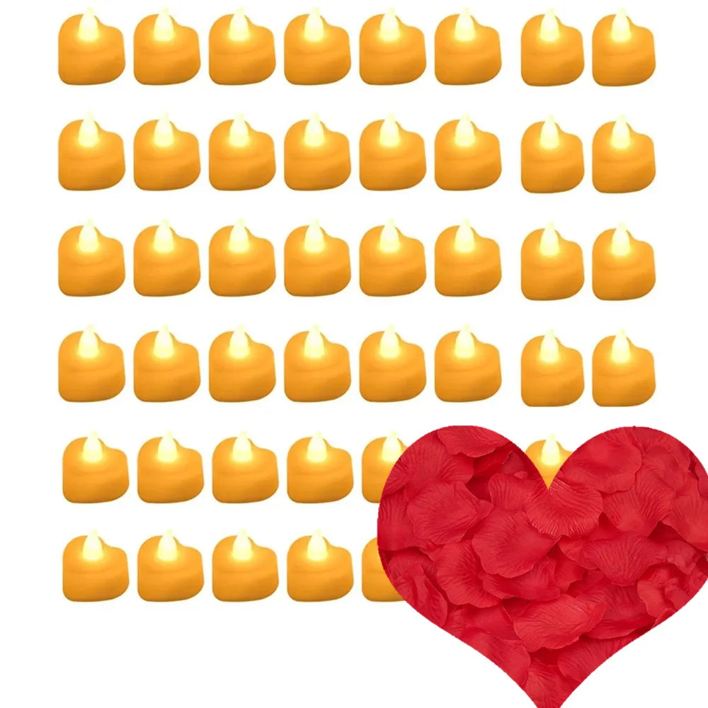 Heart Shaped LED Candles Flameless with Artificial Rose Petal Romantic Love Tea Lights for Night Light Anniversary Wedding Table Peaceful Pleasures Health and Wellness 48pc w 200pc petal