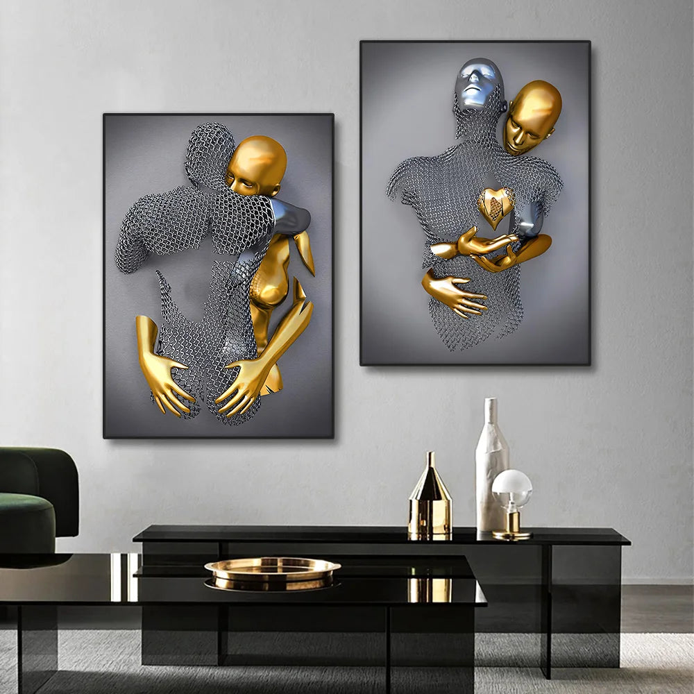 Metal Figure Golden Statue Art Canvas Painting Romantic Abstract Lovers Posters and Prints Wall Pictures Modern Home Decor Gifts Peaceful Pleasures Health and Wellness