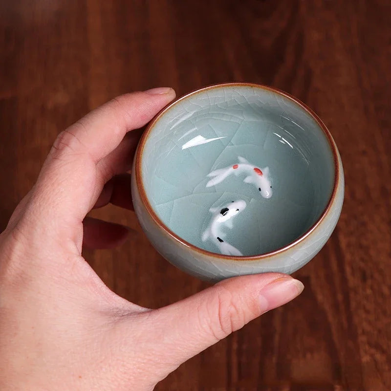 60ml Crackle Golden Fish Celadon Porcelain Teacups Delicate Longquan Tea Cup Bowl Kungfu Serviceable Chinese Tea Cup Tea Making Peaceful Pleasures Health and Wellness