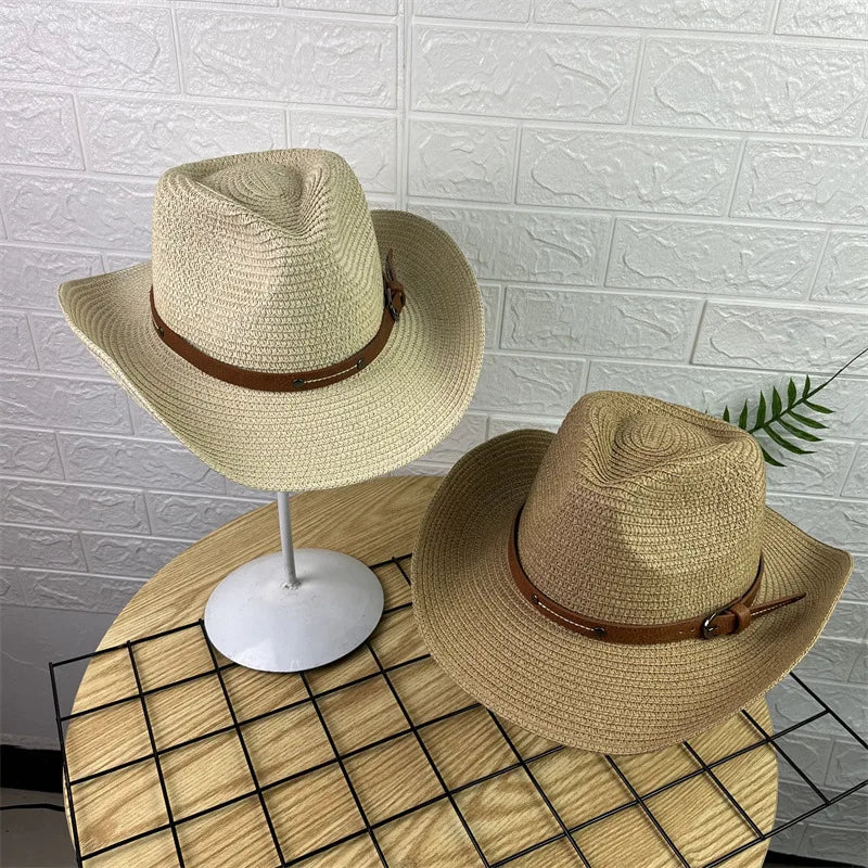 Wide Brim Straw Cowboy Hat – Unisex Sun Protection Summer Hat