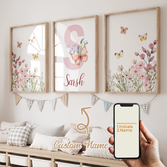 3-Piece Personalized Name Flower Butterfly Canvas Wall Art Personalized Canvas Art Peaceful Pleasures Health and Wellness GA-CH395-3pcs 50x70cm Unframed