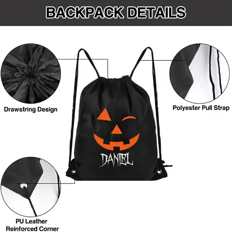 Personalized Halloween Pumpkin Drawstring Bag | Custom Candy Backpack Halloween Drawstring Bag Peaceful Pleasures Health and Wellness