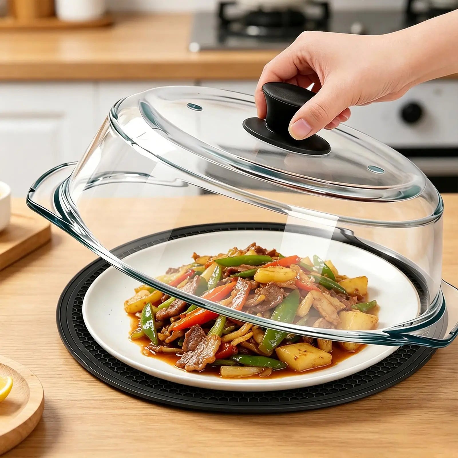 Glass Microwave Cover for Food Clear Heating Reusable Lid with Silicone Handle Microwave Splatter Cover Glass for Oven Bowls Peaceful Pleasures Health and Wellness