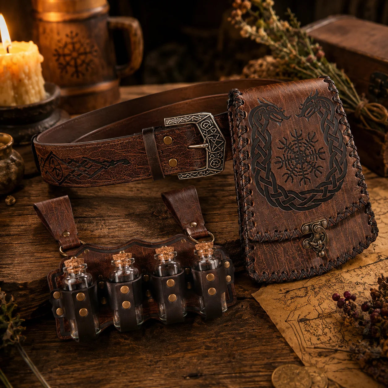 Medieval Viking Leather Belt Pouch Potion Holders Adjustable Waist