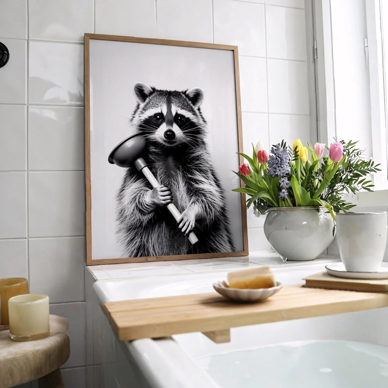 Funny Raccoon Wall Art Print – Black & White Bathroom Decor Canvas Wall Art Peaceful Pleasures Health and Wellness