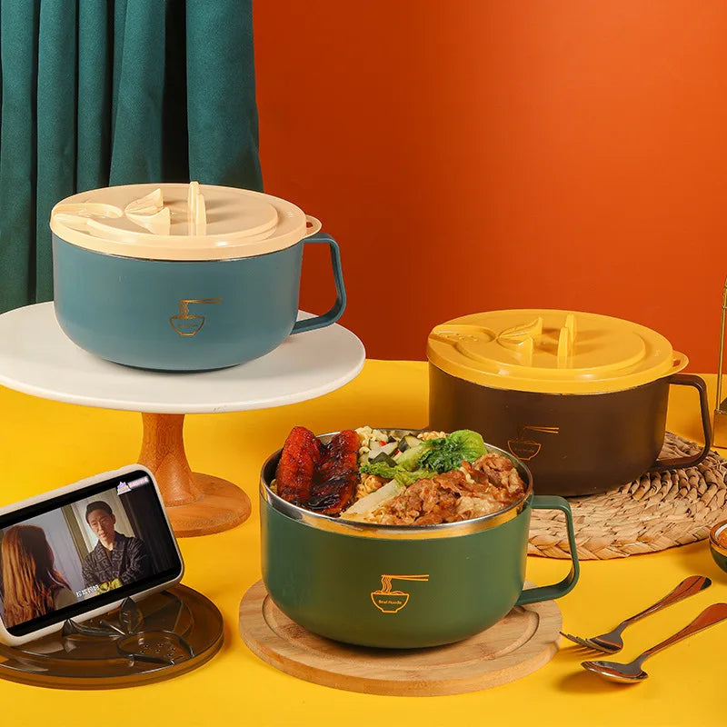 Stainless Steel Noodle Bowl with Drainable Lid Large Capacity Student Dorm Lunch Box Portable Office Food Bowl Kitchen Storage T Peaceful Pleasures Health and Wellness
